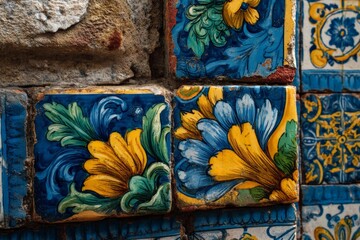 Poster - Beautifully patterned ceramic tiles showcasing vibrant flowers and intricate designs in a historic building