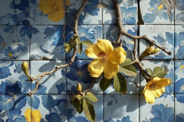 Poster - Vibrant yellow hibiscus blooms against blue floral tiles in a sunny setting