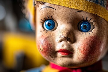 Poster - Detailed close-up of a vintage porcelain doll with bright blue eyes and charming features in a nostalgic setting