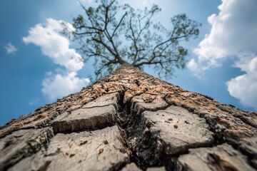 Poster - Tall tree reaching towards a bright blue sky with fluffy white clouds during a sunny day