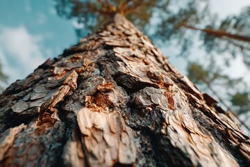 Aufkleber - Detailed view of tree bark against a blue sky in a dense forest during a sunny day