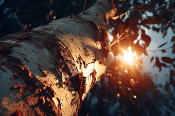 Aufkleber - Sunlight filtering through leaves on a tree trunk in a tranquil forest during golden hour