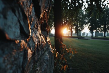 Aufkleber - Sunrise over park with glimmers of light on tree bark and serene landscape
