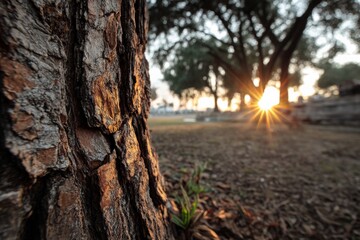 Poster - Sunlight filters through trees at sunset, highlighting the textured bark and natural beauty of the park