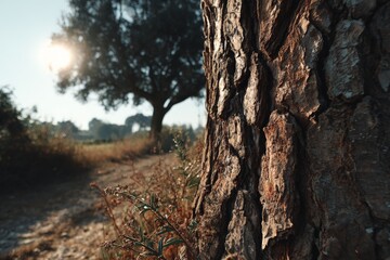 Poster - Sunlight illuminating a textured tree trunk in a serene landscape during early morning hours