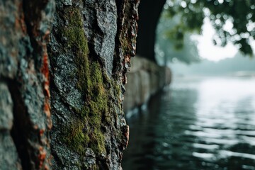 Poster - Moss-covered tree bark by a tranquil body of water on a foggy day in a serene natural setting