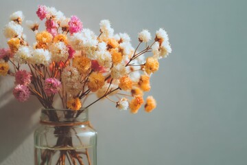 Poster - Brightly colored dried flowers arranged in a glass vase on a light background in a cozy indoor setting