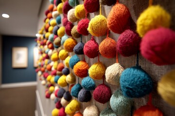 Poster - Colorful yarn pom poms create a vibrant wall display in a cozy indoor space during daylight hours