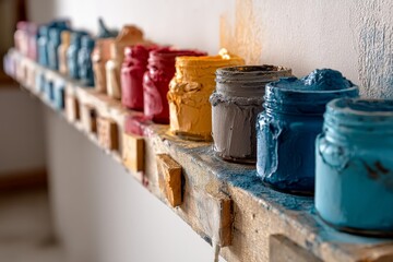 Poster - Colorful jars of paint lined on a wooden shelf in a bright artist studio during daylight hours