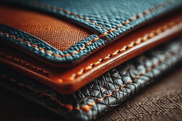 Poster - Premium leather wallets stacked in an artistic arrangement showcasing craftsmanship and texture nuances