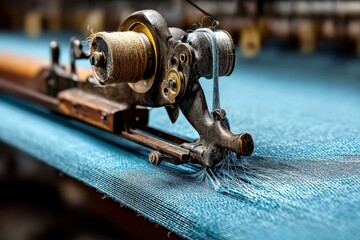 Poster - Historic textile machine at work with blue fabric, showcasing craftsmanship in a weaving mill