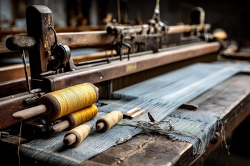 Aufkleber - Weaving process captured in an old textile workshop with a loom and vibrant threads