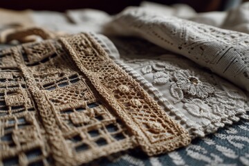 Poster - Intricate handmade lacework displayed on textured fabric in a warm, cozy setting