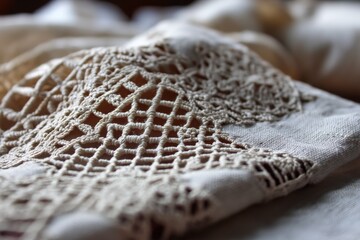 Poster - Delicate lace fabric draping over soft textile in a well-lit indoor setting, showcasing intricate craftsmanship and texture