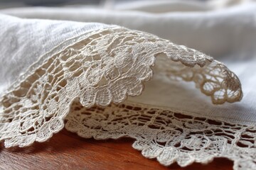 Aufkleber - Delicate lace trim on soft fabric displayed on a wooden surface in warm lighting