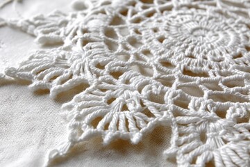 Poster - Intricate white lace doily crafted with delicate crochet techniques on beige fabric background