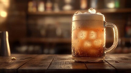 Aufkleber - A frosty mug of beer filled with ice, placed on a wooden table with a blurred bar background