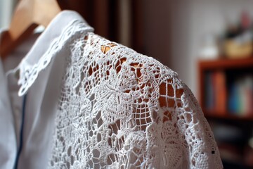 Aufkleber - Elegant white lace detailing on a shirt hanging indoors in a cozy setting during daylight hours