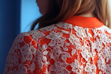 Poster - Woman wearing a stylish orange lace garment in a brightly colored room during a casual indoor setting