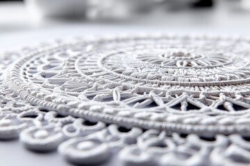 Poster - Delicate white lace doily showcasing intricate patterns on a smooth surface in soft natural lighting