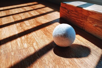 Aufkleber - Light and shadow play on a textured surface with a round object in a cozy interior setting