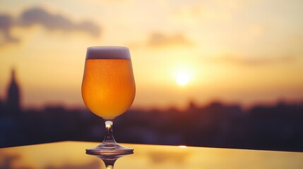 Aufkleber - A glass of light golden beer with perfect carbonation, resting on a reflective surface, with a blurred cityscape visible in the background at sunset.