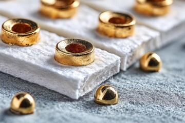 Aufkleber - Detail of gold-plated elements on textured fabric background with additional metallic pieces scattered nearby