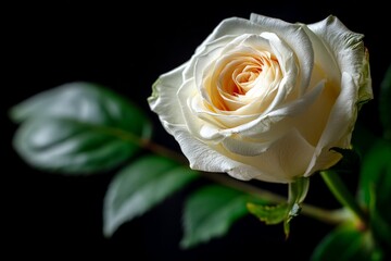 Poster - Beautiful white rose in close-up against a dark background showcasing delicate petals and green leaves