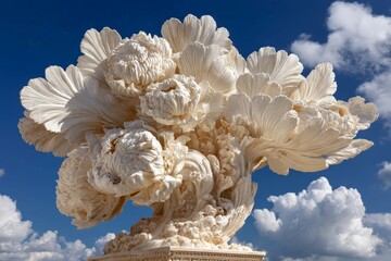 Aufkleber - Intricate white sculpture of flowers with dramatic clouds in the background, showcasing artistry and nature’s beauty