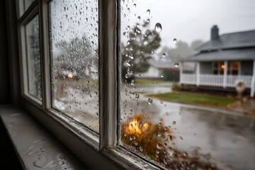 Poster - Rainfall against window pane in a cozy neighborhood during a cloudy day