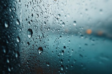 Poster - Raindrops create a beautiful pattern on a glass window during a rainy day in an urban setting