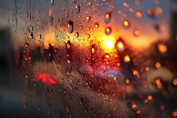 Poster - Sunset view through a rain-soaked window with vibrant colors and bokeh effects during evening hours