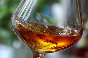 Poster - Elegant whiskey glass showcasing rich amber liquid in a well-lit setting at a distillery during the afternoon
