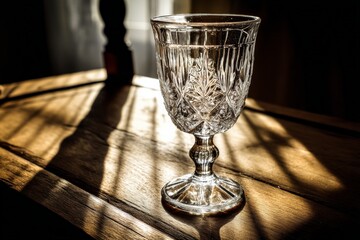 Aufkleber - Crystal glass sits elegantly on a wooden surface bathed in warm sunlight with intricate shadows creating a serene atmosphere