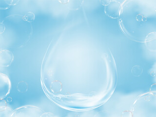 Wall Mural - ky,cloud with water drop,bubbles on blue background for cosmetic product design,clear soap bubbles f