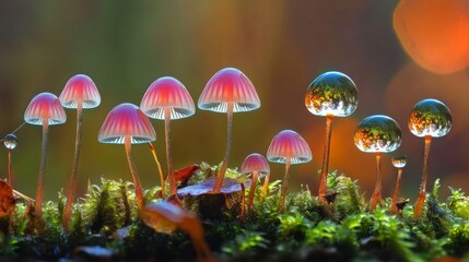 Poster - A group of mushrooms growing on moss, with fresh raindrops reflecting sunlight