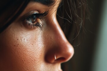 Poster - Close-up view of a woman's profile highlighting her eye features and natural skin texture during soft daylight