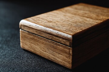 Poster - Wooden box with a smooth finish resting on a dark surface, showcasing craftsmanship and natural texture in a minimalist setting