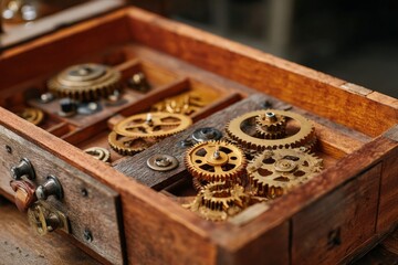 Poster - Intricate arrangement of brass gears in a wooden box, showcasing craftsmanship and mechanical design