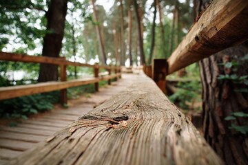 Poster - Wooden pathway in serene forest with green foliage during daytime