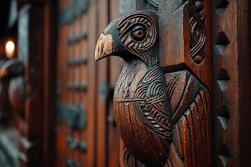 Poster - Intricately carved wooden bird on the entrance door of a historical building at dusk in a serene setting