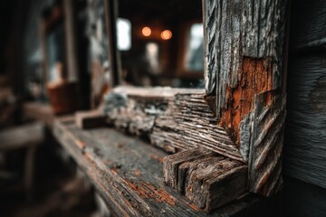 Poster - Wooden window frame showcasing weathered texture and rustic charm in abandoned building