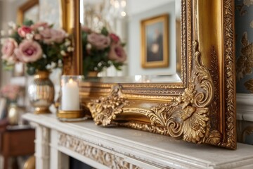 Poster - Elegant vintage mirror and floral arrangement on a mantel in a bright, classic living room setting