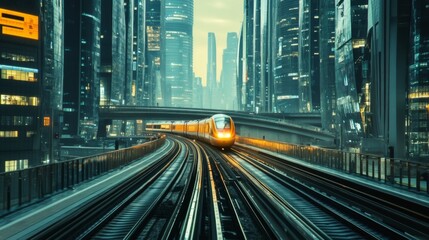 Aufkleber - A high-speed train approaching on modern railway tracks, surrounded by a futuristic cityscape