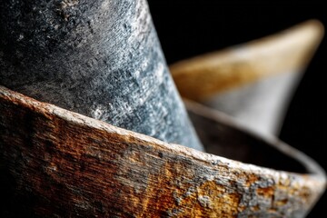 Aufkleber - Close-up view of rustic wooden and metal bowl interior showing intricate textures and colors highlighting craftsmanship