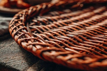 Aufkleber - Close-up view of a handmade woven basket on a wooden table displaying artisanal craftsmanship and natural materials