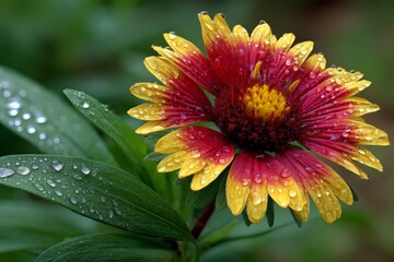Poster - Vibrant flower with red and yellow petals glistening with water droplets after rain in a lush garden setting
