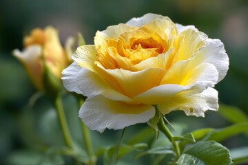 Poster - Beautiful yellow and white rose blooming in a lush garden under soft daylight
