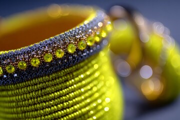 Poster - Intricate yellow bracelet adorned with colorful gemstones showcased on a textured surface