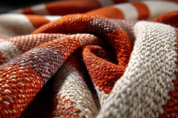 Poster - Textured woven fabric with warm colors in a close-up view showcasing detailed patterns and soft texture